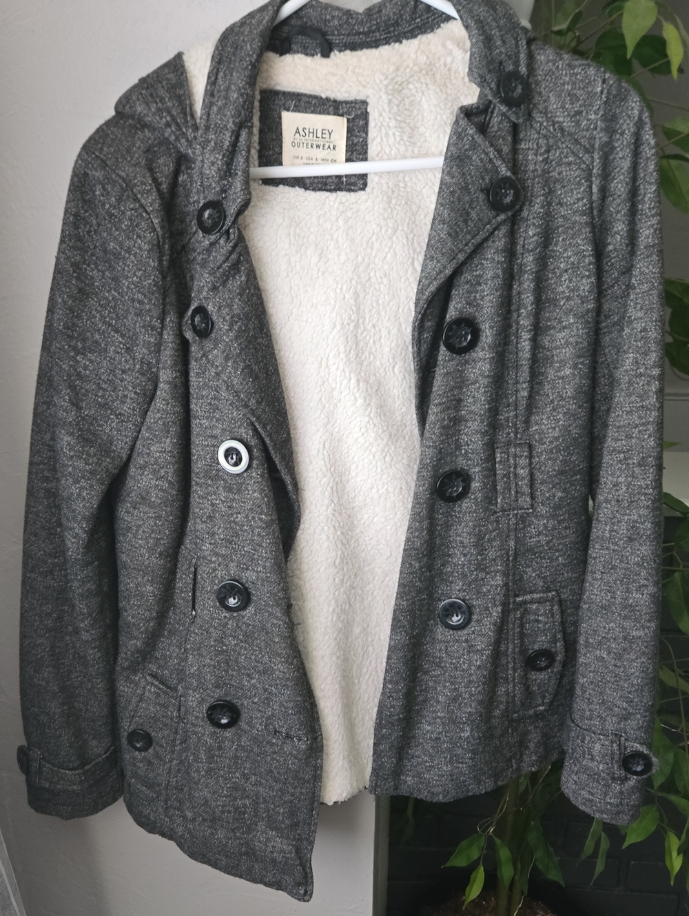 Heavy Coat - Ashley By 26 International Gray Hooded Pea Coat with Sherpa Lining